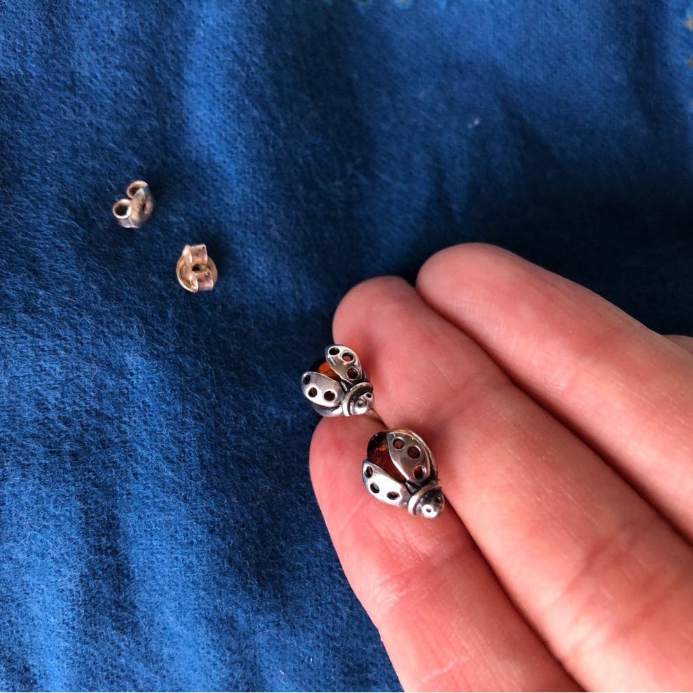 Ladybug Silver Baltic Amber Earrings